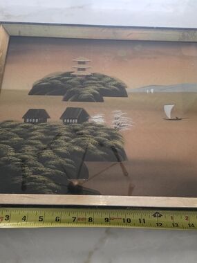 Framed Asian Silk Landscape Painting in Warm Sunset Tones